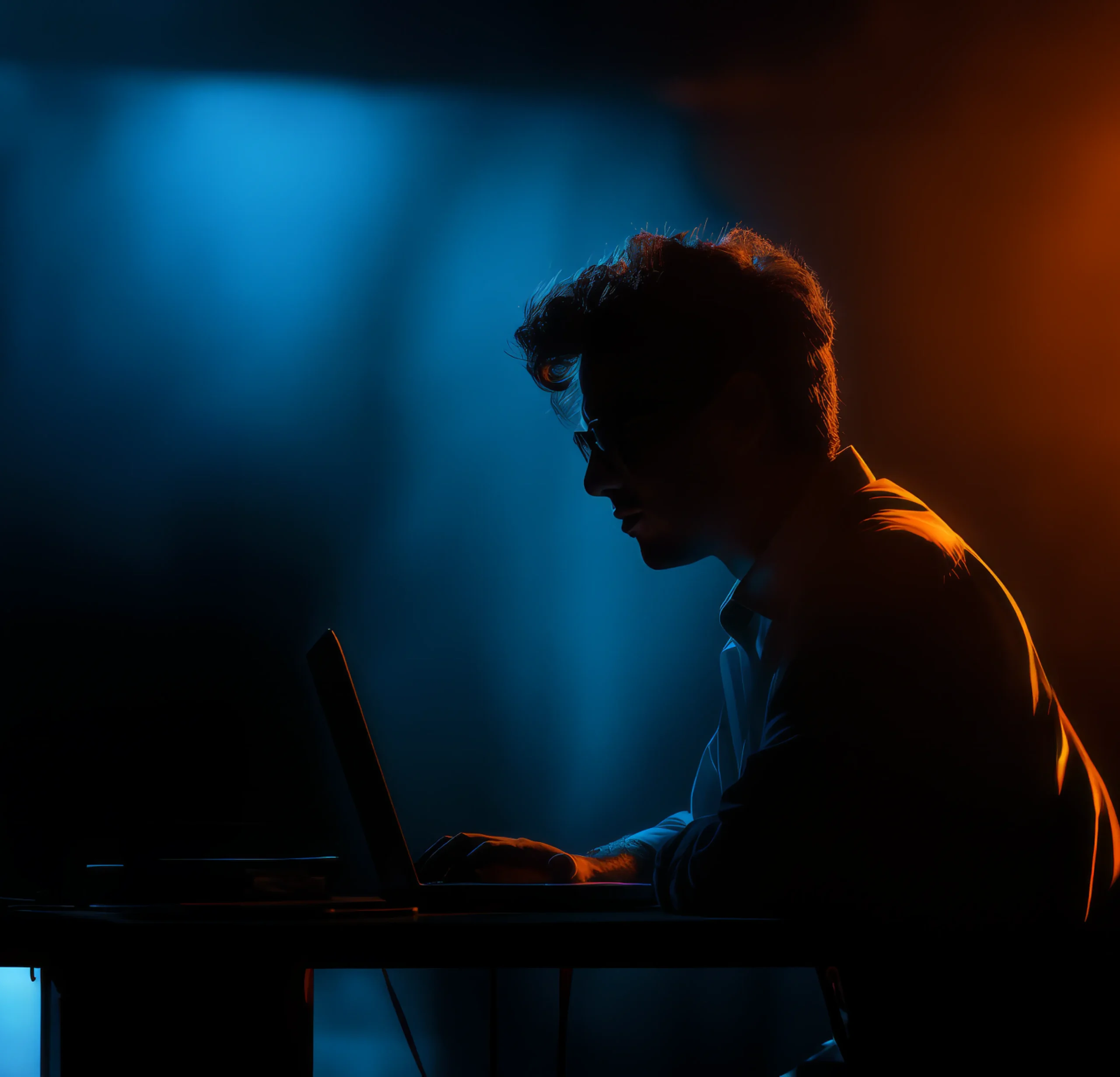 A man using a laptop with dark background
