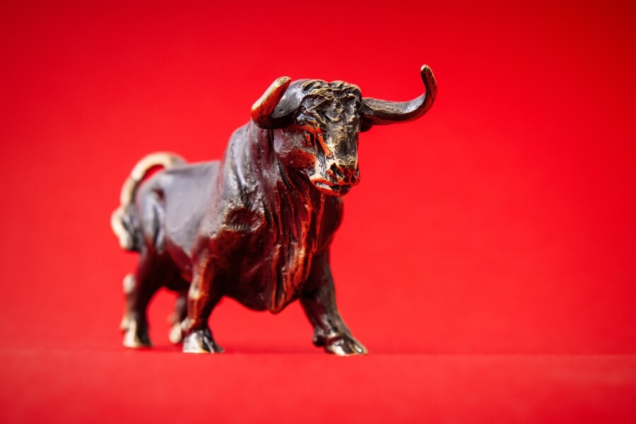 gold bull in a red background