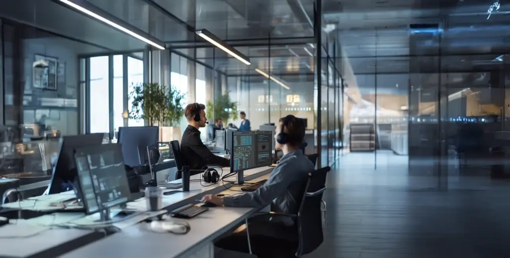Employees wearing headsets working at computer desks in a modern office with large glass windows.