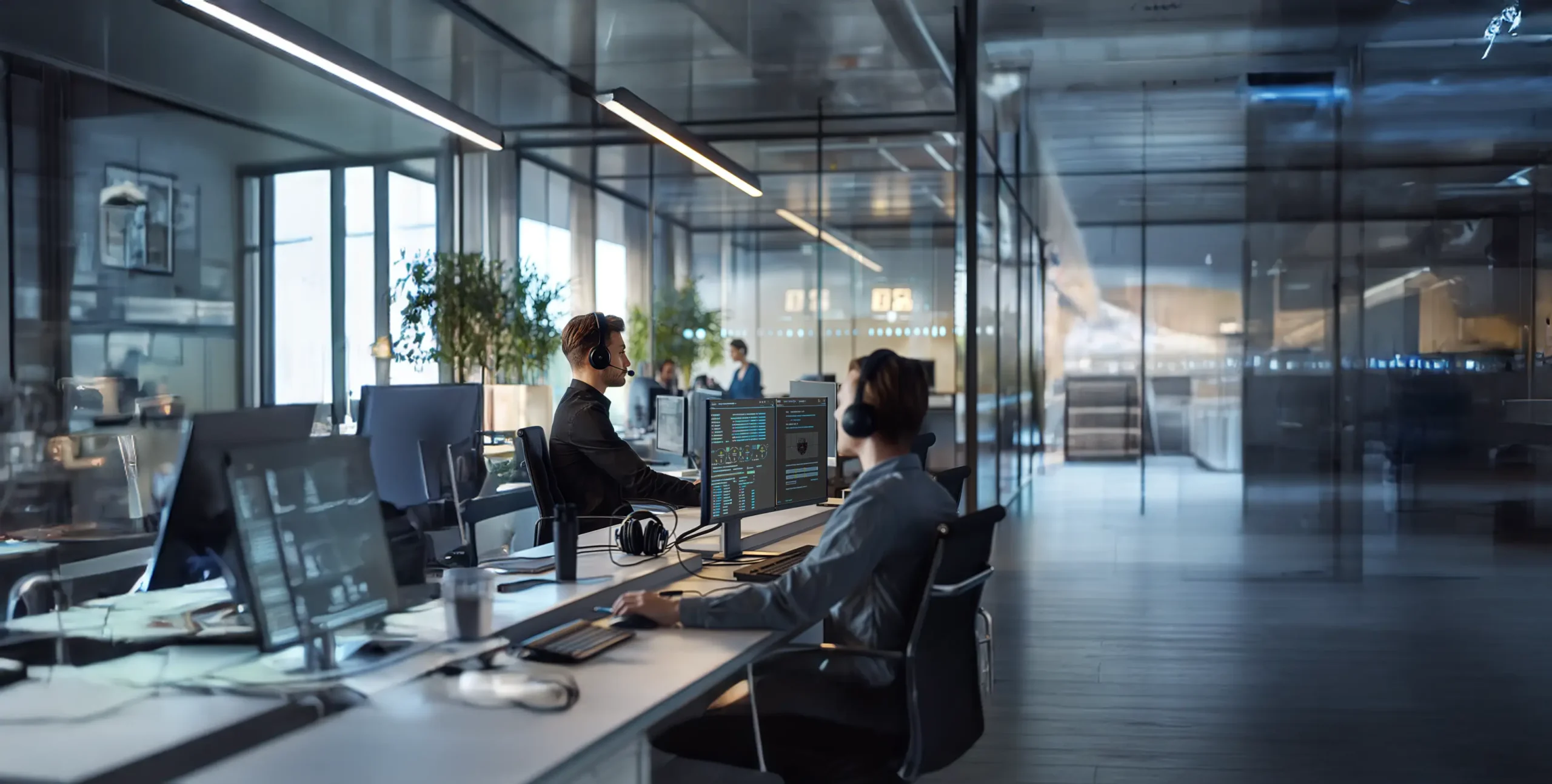 Employees wearing headsets working at computer desks in a modern office with large glass windows.