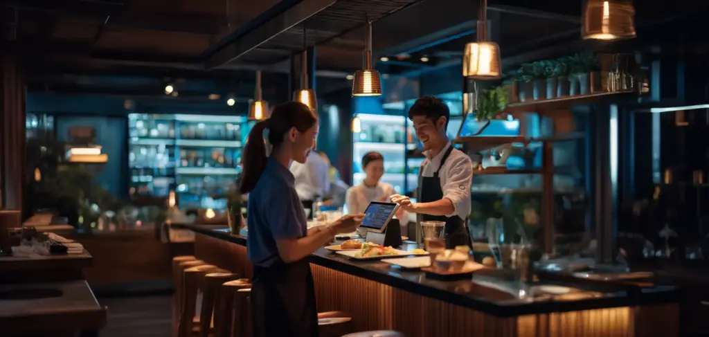 a server picking up a meal at a modern restaurant