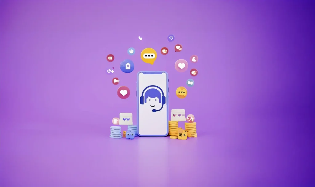 Illustration of an AI Voice Agent represented by a mobile phone surrounded by various emoticons