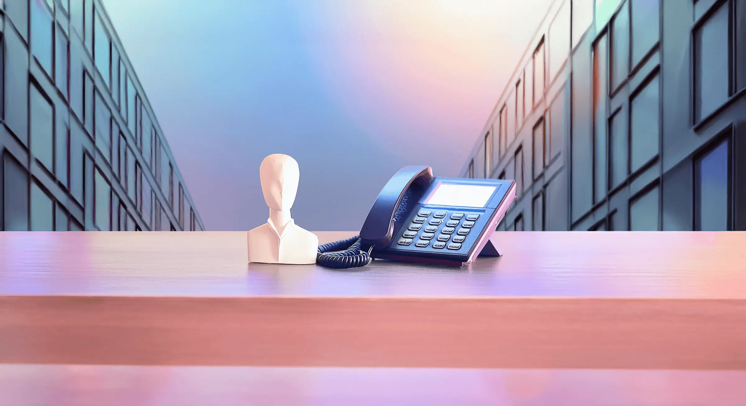 Illustration of a desk and a human sculpture figure representing Voice AI agency in a small business environment