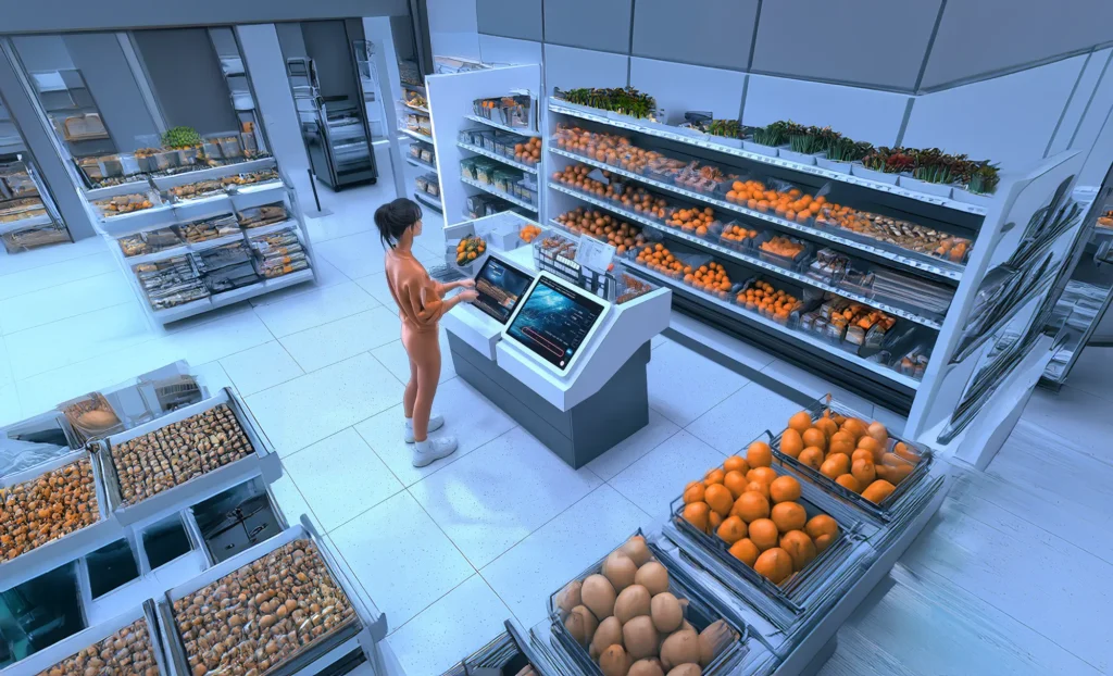 Person shopping in a modern grocery store with touchscreen technology and fresh produce displays.