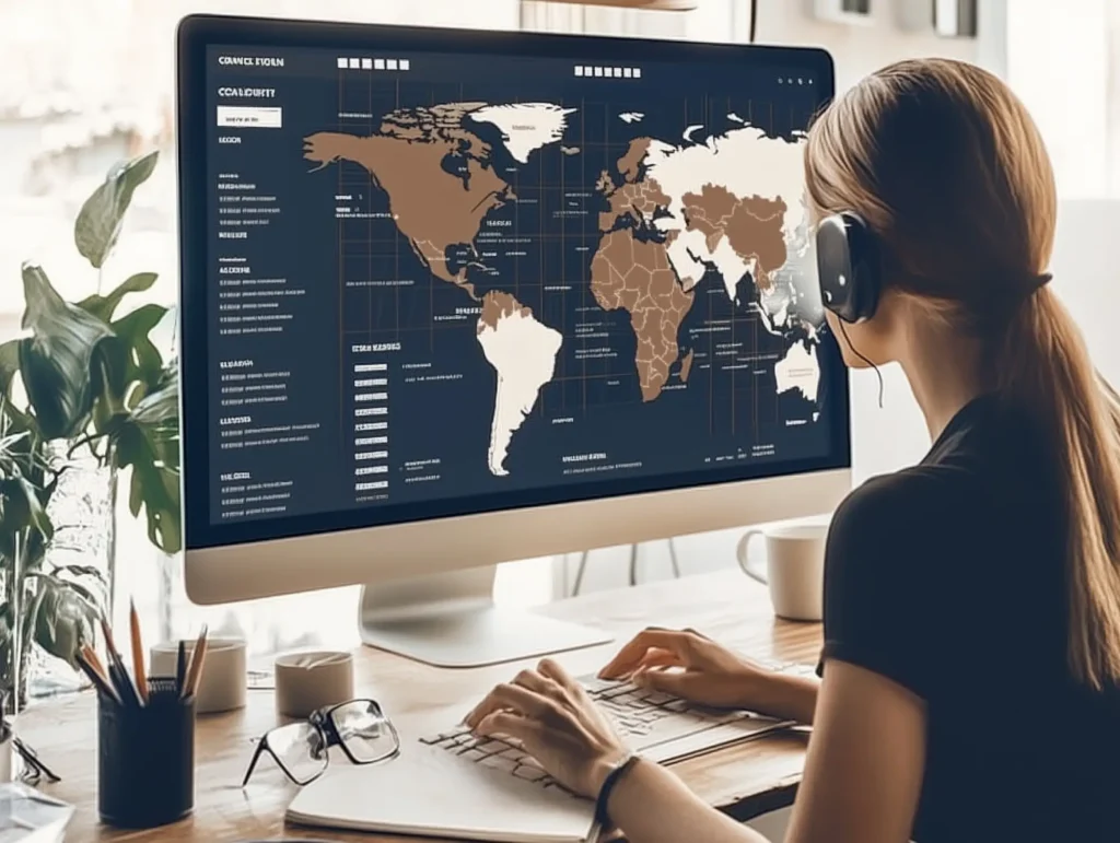 Woman with headphones sitting at a desk, analyzing a global map displayed on a large computer screen.