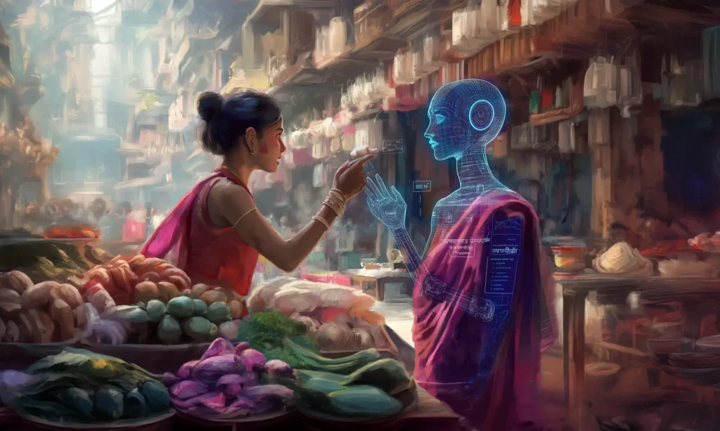 Market scene where a woman interacts with a holographic figure resembling a digital assistant or AI.