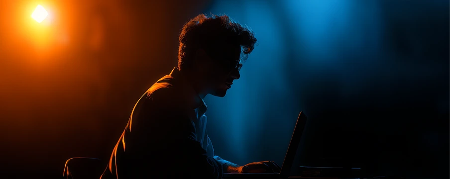 guy in a gradient background working on his computer